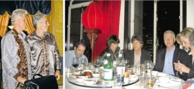 클린턴 사진만 수두룩한 ‘엡스타인 파일’ - 미국 법무부가 지난 19일(현지시간) 빌 클린턴(왼쪽) 전 미국 대통령이 성범죄자 제프리 엡스타인과 함께 있는 사진을 공개했다(왼쪽 사진). 오른쪽 사진은 클린턴(왼쪽 네 번째) 전 대통령과 엡스타인의 여자친구 길레인 맥스웰(두 번째). 가수 믹 재거(세 번째)가 함께 식사하는 모습. 로이터 연합뉴스