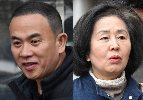 정치자금법 위반 혐의로 기소된 정치 브로커 명태균(왼쪽) 씨와 국민의힘 김영선 전 의원이 5일 오후 경남 창원시 성산구 창원지법에서 열린 1심 재판에 출석하고 있다. /김구연 기자