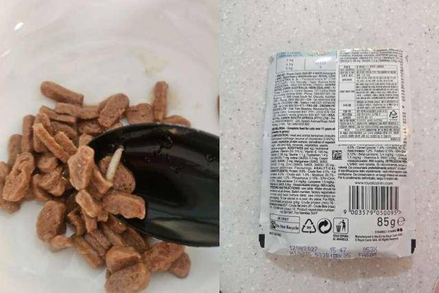 제보자 A씨가 아주경제에 제보한 사진. 습식사료 건더기 사이로 벌레 형태의 이물질이 확인된다. 제품 포장지 뒷면에는 '캣 에이징 11+ 파우치 그레이비'라는 제품명이 적혀있다. [사진=독자 제공]