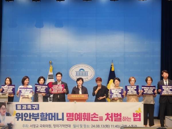 위안부 피해자 명예훼손·모욕행위 처벌법 통과 촉구 기자회견을 진행하는 서영교 국회의원.&nbsp;ⓒ서영교 국회의원.