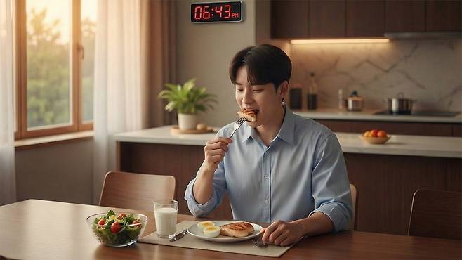 오후 6~7시 가벼운 식사 후 공복을 유지하고 다음날 아침 식사를 하는 것이 바람직히다｜출처: Gemini 생성