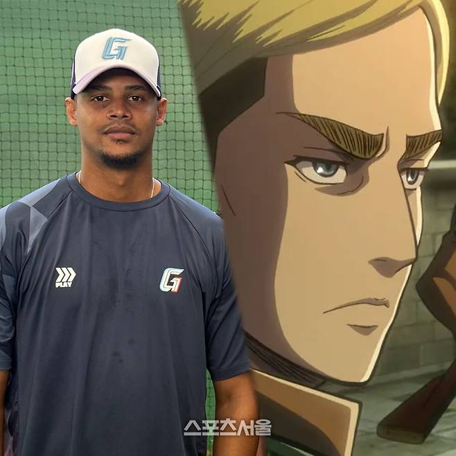 엘빈 로드리게스가 포즈를 취하고 있다. 오른쪽은 진격거 캐릭터인 엘빈 스미스. 타이난 | 박연준 기자 duswns0628@sportsseoul.com