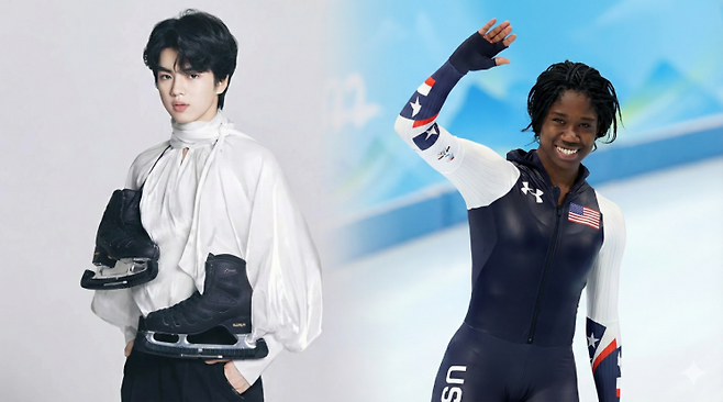 2026 밀라노 동계올림픽에서 한국 선수단 기수를 맡은 차준환과 미국 선수단 기수를 맡은 에린 잭슨.