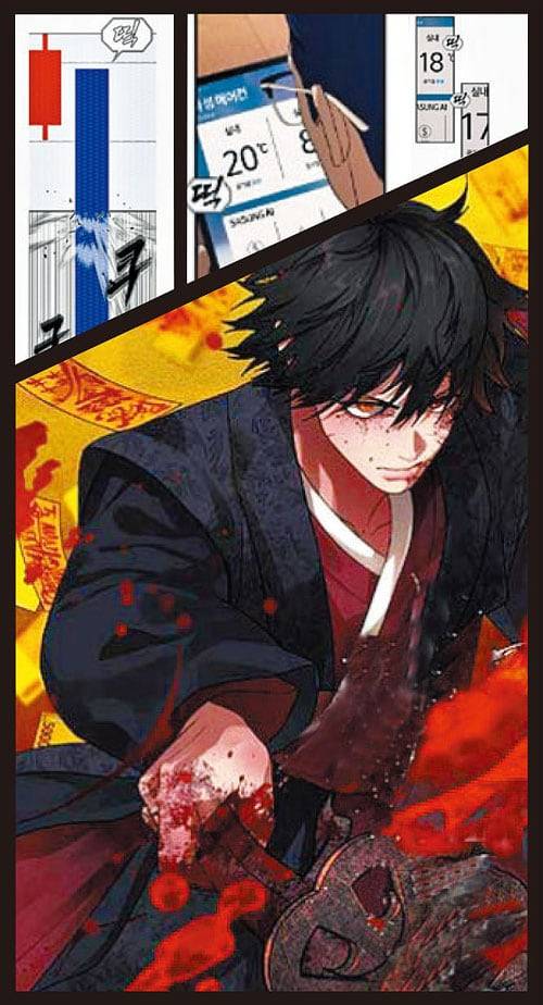 웹툰 ‘샤MONEY즘’에서 주인공이 주가를 떨어뜨리는 굿을 하고 있다. 주식 시장의 예측 불가능성에 무당이 등장하는 스토리까지 나왔다. /네이버웹툰