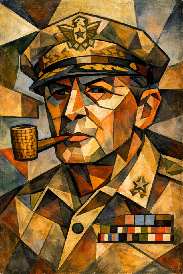 오픈AI의 이미지 생성 인공지능 달리로 만들어 본 맥아더의 초상화. 다면적 인간인 맥아더를 표현하기 위해 파블로 피카소의 입체파 화법으로 맥아더의 얼굴을 나타내 봤다.