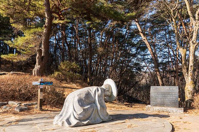 배일치재 고갯마루. 단종이 한양을 향해 절을 하고 있는 모습의 석상과 비석이 있다. 백종현 기자