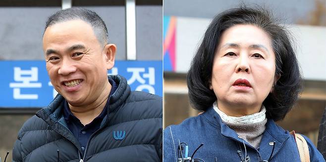 정치자금법 위반 등 혐의로 재판에 넘겨진 '정치 브로커' 명태균(왼쪽) 씨와 김영선 전 국민의힘 의원이 5일 오후 경남 창원 성산구 창원지방법원에서 열린 1심 선고 공판에서 무죄를 선고받은 후 각각 법정을 나서고 있다. 다만 재판부는 명 씨의 증거은닉 교사 혐의에 대해서는 유죄로 인정해 징역 6개월에 집행유예 1년을 선고했다. 뉴스1