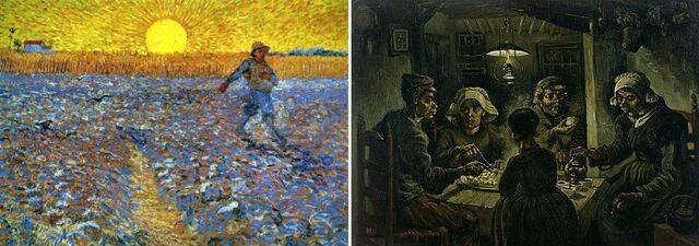 빈센트 반 고흐의 작품들이다. 왼쪽부터 네덜란드 크뢸러 뮐러 미술관이 소장한 1888년작 ‘씨 뿌리는 사람’ 암스테르담 반 고흐 미술관에 있는 1885년작 ‘감자 먹는 사람들’. 국민일보DB