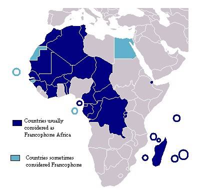 프랑스어권 아프리카 청색은 '프랑코포니아 아프리카' 하늘색은 때로 프랑코포니아로 간주되는 국가들[나무위키 캡처. 재판매 및 DB 금지]