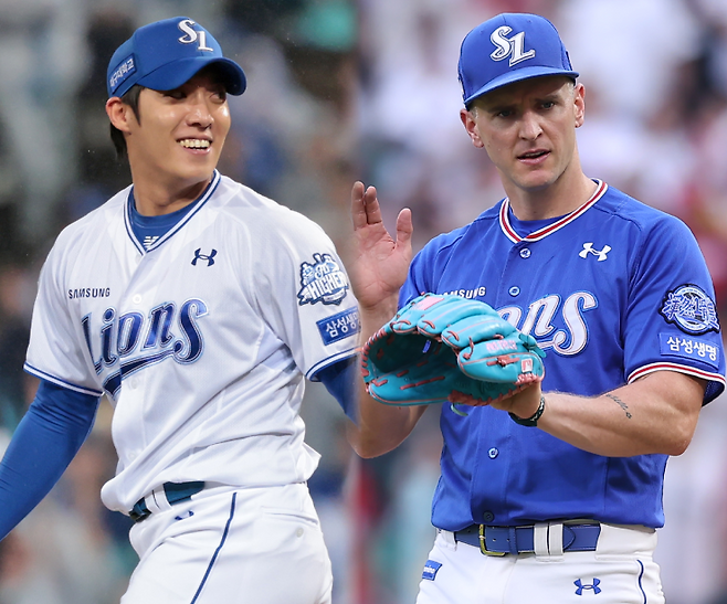 삼성 라이온즈에서 한솥밥을 먹었던 원태인(왼쪽)과 데이비드 뷰캐넌. [사진 삼성 라이온즈]