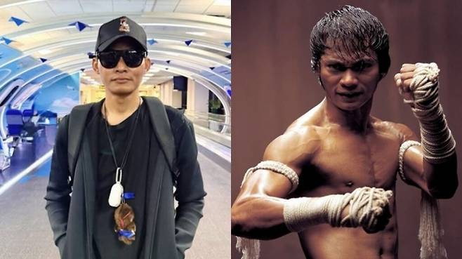 태국 액션 배우 토니 자의 최근 모습(왼쪽 사진)과 과거  영화 ‘옹박’ 시리즈의 포스터. 카오소드 잉글리시 캡처