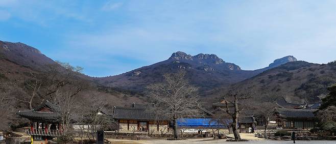 대흥사를 감싼 두륜산 능선. 해탈문 부근에서 보면 능선의 오른쪽이 부처님 얼굴, 중간에 볼록한 부분이 두 손을 모으고 있는 모습처럼 보인다. / 양수열 영상미디어 기자