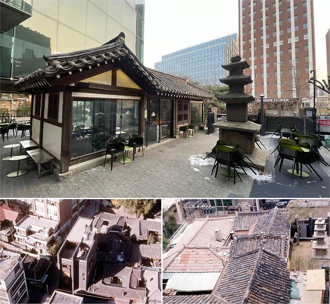 공간건축의 구사옥과 신사옥 사이에 자리한 한옥은 현 공간건축사사무소 대표인 이상림 건축가가 지어 카페 프릳츠가 입점해 있다. 과거 공간사옥을 둘러싼 한옥(왼쪽) 중 한 채를 해체한 뒤 자재 대부분을 재활용하면서 공간을 조성했다. /사진=김수근문화재단·공간건축사사무소·서윤경 기자