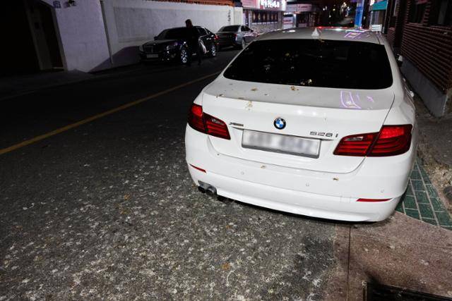 29일 김해 부원동에서 떼까마귀들이 휴식하는 전깃줄 아래 주차해둔 차에 분변이 가득하다. 김해=최주연 기자