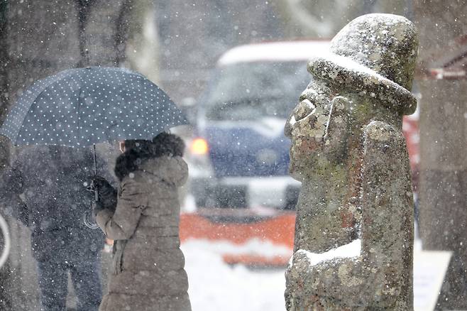 Heavy snow is seen falling in Jeju Island on Jan. 22. [YONHAP]