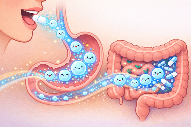 유산균들이 우리 몸 속을 지나는 여행을 키워드로 생성 AI가 만든 이미지. 대부분의 유산균 제품들이 ‘장까지 살아서 간다’고 홍보하는데, 그만큼 쉽지 않은 여정이다. [챗GPT]