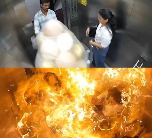 인도 엘리베이터 안에서 수소 풍선이 터져 불길에 휩싸인 모습 [X 캡처]