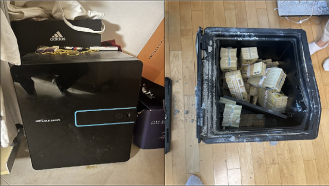 서울경찰청 사이버수사과가 압수수색 현장에서 압수한 금고와 현금 다발. [서울경찰청]