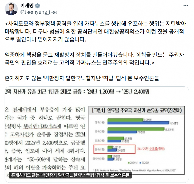 이재명 대통령이 7일 엑스 계정에 올린 게시물.