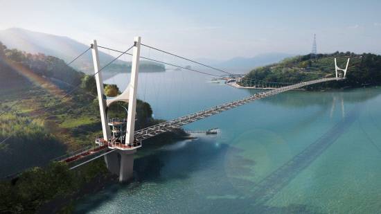 사천시는 9일 총사업비 186억 원을 들여 현수 보도교(출렁다리) 430m 등을 건설하는 '삼천포 무지갯빛 생태탐방로 조성 사업' 착공식을 개최했다. 사진은 조감도.