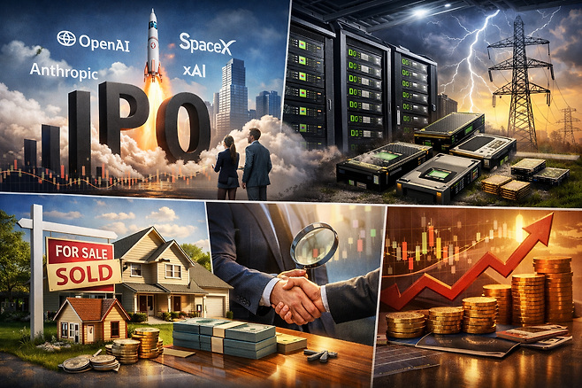AI 대형 IPO 기대, GPU·전력 공급 제약, 미국 주택 거래 회복, 우량주 장기투자 원칙을 한 장면에 압축해 보여주는 복합 투자 인사이트 이미지. 출처=챗GPT 생성