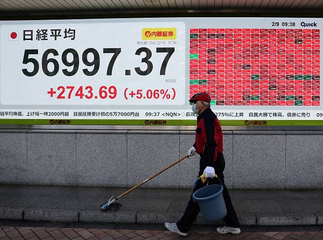 9일 도쿄의 한 증권사 앞 전광판에 니케이 지수가 표시된 가운데 직원이 바닥을 닦고 있다. (사진=로이터)
