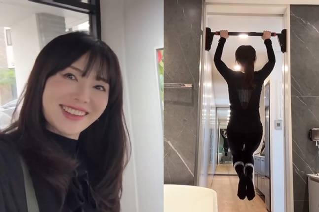 동안에 군살제로 몸매를 유지하고 있는 하희라는 매일 운동으로 관리한다. 사진=하희라 SNS