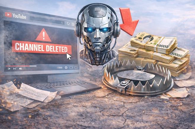유튜브 화면에 ‘CHANNEL DELETED’ 경고가 표시된 이미지와 인공지능을 상징하는 그래픽. 플랫폼이 저품질 AI 콘텐츠에 대한 단속과 수익 구조 재편에 나서고 있음을 시각적으로 표현했다. 일러스트=챗GPT AI 생성