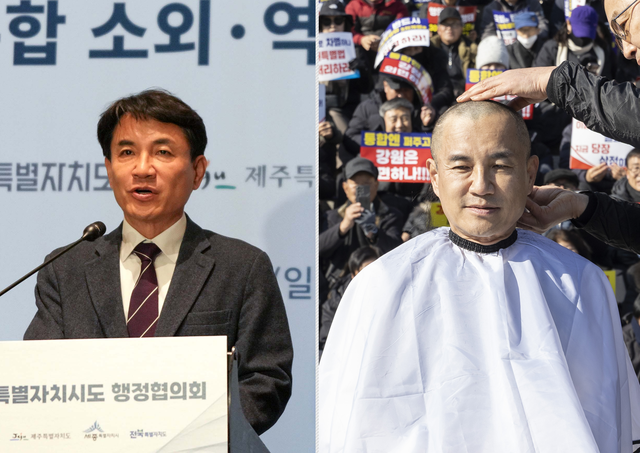 김진태 강원특별자치도지사가 지난 2월 8일 여의도 콘래드서울 호텔에서 대한민국특별자치시도 행정협의회 긴급 회동을 주재하며 국회와 정치권의 ‘3특·행정수도특별법’ 법안심사 지연에 항의할 당시 모습(왼쪽), 김진태 지사가 9일 국회 본청 앞 계단에서 열린 강원특자도설치법 ‘3차 개정안’ 통과 촉구를 위한 상경 도민 결의대회에서 삭발하고 있다.<강원도청 제공 사진·연합뉴스 사진 갈무리>