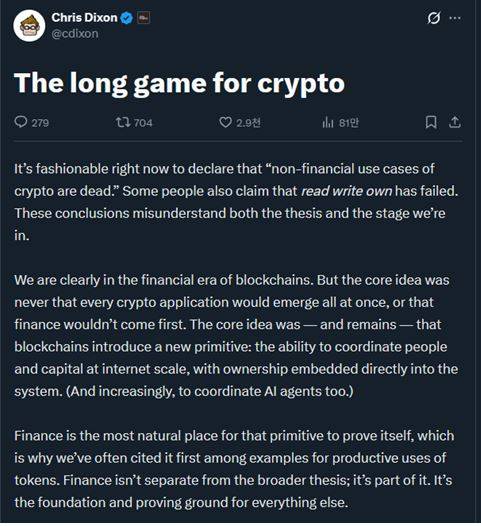 a16z 크립토를 이끄는 크리스 딕슨은 비금융 크립토 프로젝트의 부진을 '실패'로 규정하는 데 선을 그었다. [사진=크리스 딕슨 트위터]