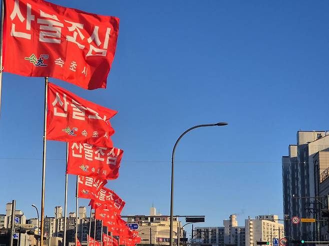 건조한 날씨 속 산불 위험이 높아지고 있는 9일 강원 속초시 조양동에서 산불 조심 깃발이 바람에 펄럭이고 있다. 연합뉴스