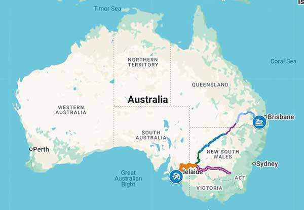 호주의 6개 강을 연결해 카약으로 이동한 데이비슨의 루트. 이미지 앨런 데이비슨.