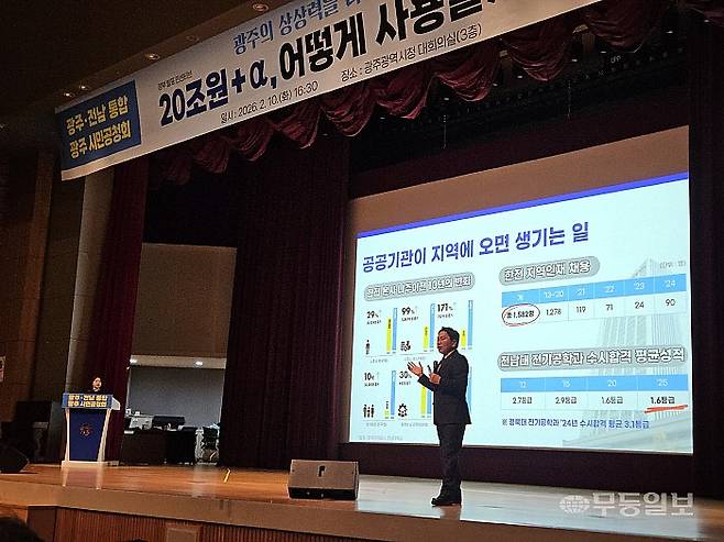 강기정 광주시장이 10일 오후 광주시청에서 열린 ‘광주전남 통합 시민공청회’에 참석해 광주전남 행정통합 경과보고를 진행하고 있다. 이삼섭기자 seobi@mdilbo.com