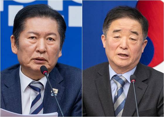 정청래 더불어민주당 대표(왼쪽), 강득구 민주당 최고위원. 〈사진=연합뉴스〉