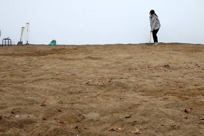국립현대미술관 ‘소멸의 시학’전에 전시된 아사드 라자의 ‘흡수’. 서울에서 나온 폐기물로 토양을 만들었다. 분해와 소멸에 내재된 특성을 강조한 작품으로, 관람객은 이 흙을 조금씩 집에 가져갈 수 있다. 뉴시스