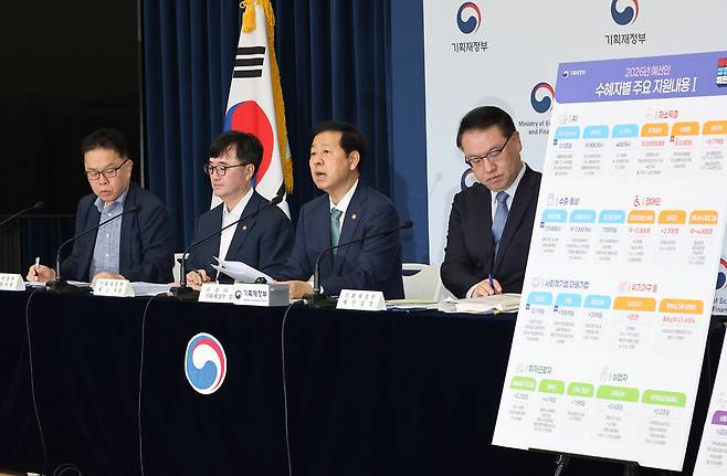 구윤철 부총리 겸 재정경제부 장관(오른쪽 두 번째)이 지난해 8월28일 정부세종청사 공용브리핑실에서 2026년도 예산안에 관해 설명하고 있다. 연합뉴스