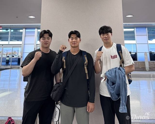 10일 한국으로 향한 김형준과 김주원, 김영규(왼쪽부터). 사진=NC 제공