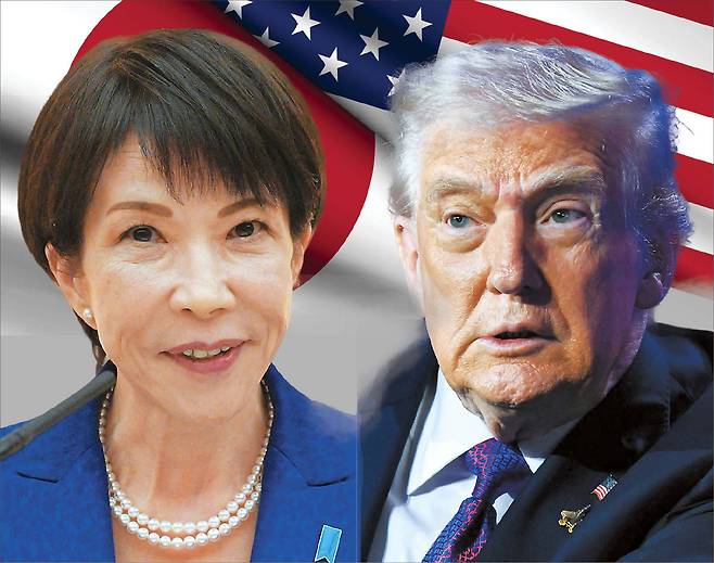 도널드 트럼프 미국 대통령(오른쪽)이 다카이치 사나에 일본 총리를 공개 지지하고 지난 8일 선거에서 자민당의 압승을 축하한 것은 다음달 정상회담에서 일본에 방위비 증액과 속도감 있는 대미투자를 압박하기 위한 전략이라는 분석이 나왔다. [AFP]