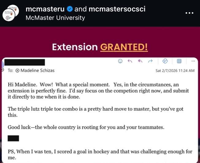 교수의 답장 [맥매스터 대학교 공식 인스타그램]