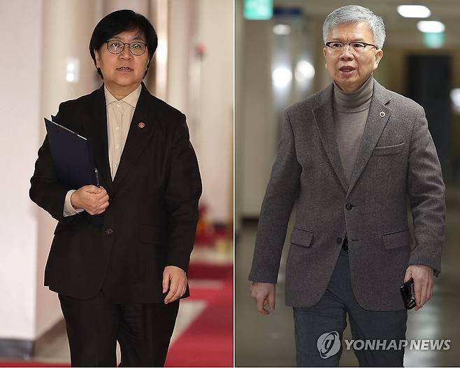 회의장 향하는 정은경 복지장관과 김택우 의협 회장 (서울=연합뉴스) 서명곤 기자 = 정은경 보건복지부 장관과 김택우 대한의사협회 회장이 10일 서울 종로구 정부서울청사에서 각각 보건의료정책심의위원회 회의장으로 향하고 있다. 2026.2.10 seephoto@yna.co.kr