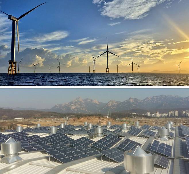제주 한림해상풍력(위쪽 사진). 서울 지축 차량기지 햇빛발전소. 제주도·서울에너지공사 제공
