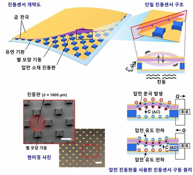 연구팀이 개발한 무전원 웨어러블 진동 센서 개념도. 압전 물질을 진동판으로 사용해 외부 전원 없이 구동되며, 별 모양 마이크로 기둥 4개가 맞물리는 중앙에 원형 진동판을 배치해 기둥 사이로 공기가 자유롭게 흐르도록 설계했다. 포스텍 제공