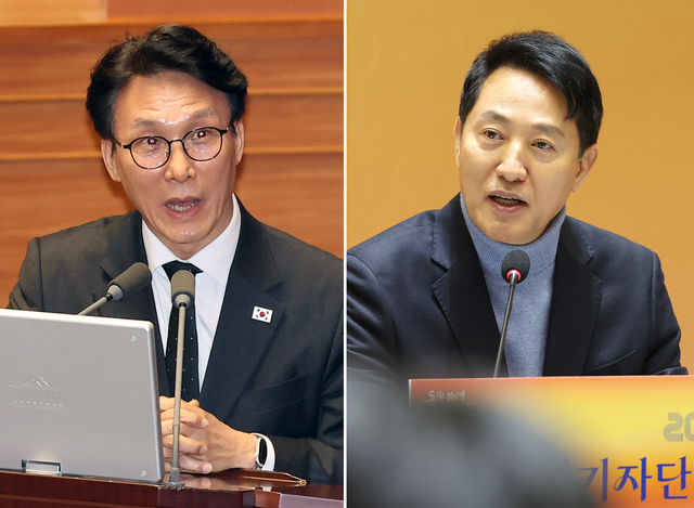 김민석 국무총리가 11일 국회 본회의 경제 분야 대정부질문에 참석해 의원 질의에 답변하는 모습(왼쪽), 오세훈 서울특별시장이 지난 10일 서울시청에서 신년 기자간담회를 열어 취재진에게 답변하고 있는 모습(오른쪽).[연합뉴스 사진]