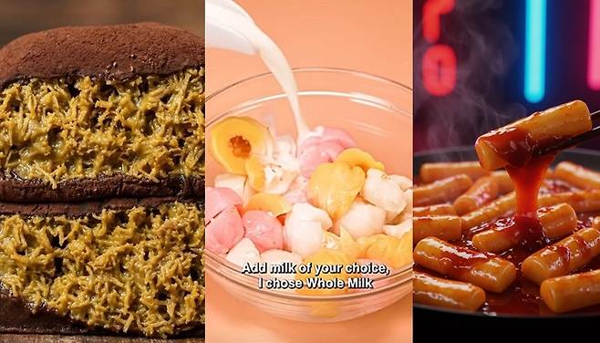 쫄깃한 식감을 가진 K-푸드가 글로벌 트렌드와 한류의 영향으로 주목받고 있다. (왼쪽부터) 두쫀쿠, 꿀떡 시리얼, 떡볶이 [SNS 캡처, 123RF ]