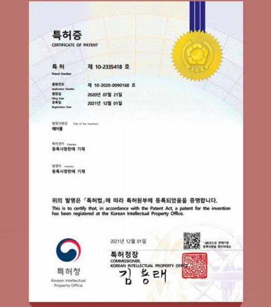 구혜선 대표가 2021년 취득한 접는 헤어롤 특허 등록증. /구혜선 스튜디오 제공