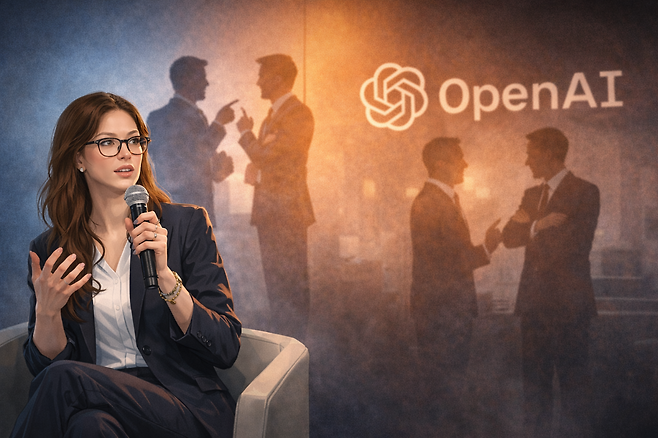 생성형 인공지능 기업 내부 갈등을 상징적으로 표현한 일러스트 이미지. 화면 한쪽에는 발표 중인 여성 인물이 작게 배치되고, 반대편에는 추상적인 디지털 인터페이스와 분할된 빛 효과가 대비되며 조직 내부 정책 충돌과 긴장감을 시각적으로 표현했다. 챗GPT AI 생성 이미지