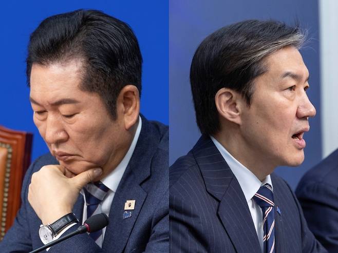 정청래 더불어민주당 대표(왼쪽)와 조국 조국혁신당 대표. 연합뉴스