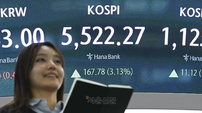 코스피가 사상 처음으로 5500을 돌파 마감했다. 주가 지수가 12일 서울 중구 하나은행 딜링룸 전광판에 표시되고 있다. 이날 코스피는 전 거래일 대비 167.78p(3.13%) 상승한 5522.27에 장을 마쳤다. 2026.2.12 이지훈 기자