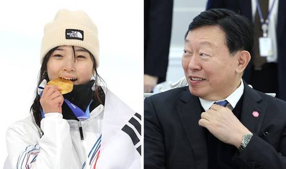 스노보드 하이프파이프 최가온과 신동빈 롯데 회장. 〈사진=연합뉴스〉