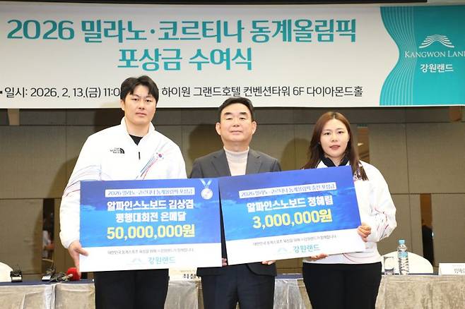 왼쪽부터 김상겸 선수, 최철규 강원랜드 대표이사 직무대행, 정해림 선수. 강원랜드 제공